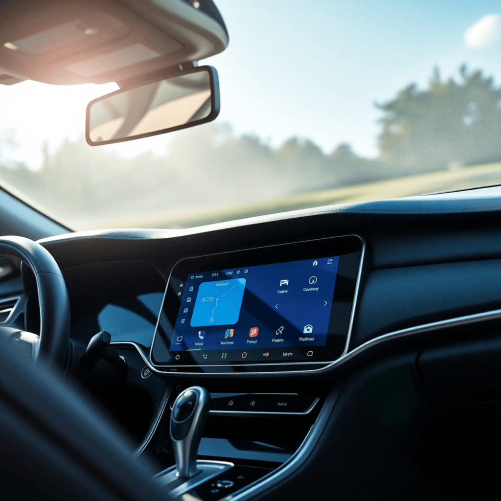 A modern car interior with a vibrant navigation screen, reflecting sunlight to show glare. The screen is pristine, emphasizing the benefits of usin...
