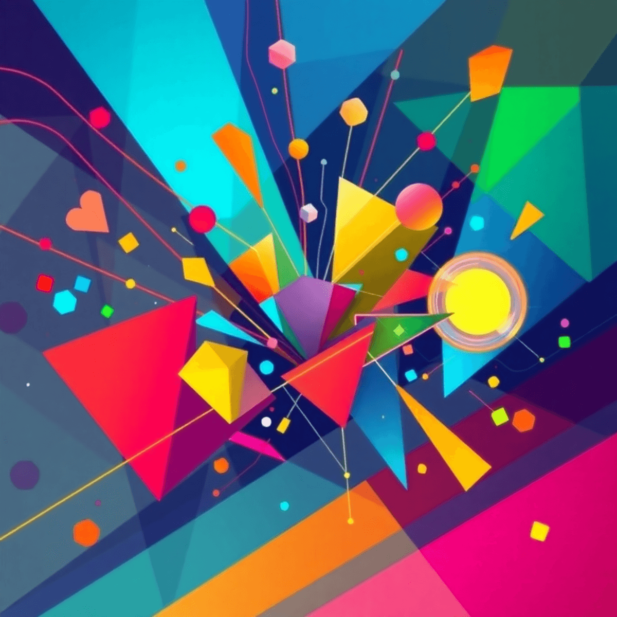 Representación vibrante y abstracta de la creatividad e innovación, con formas geométricas coloridas y líneas dinámicas que evocan movimiento e inspiración.