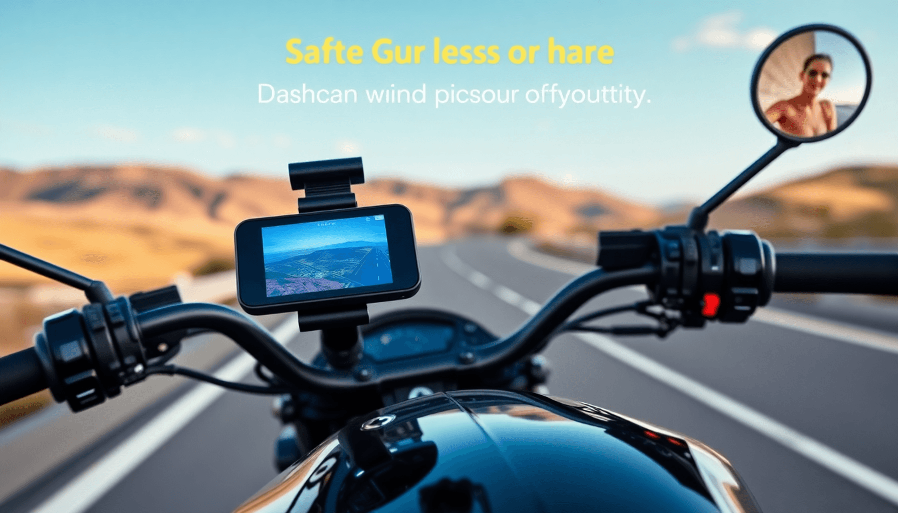 A sleek motorcycle with a modern dashcam in focus, set against a scenic road, showcasing bright colors that evoke adventure and safety for riders.