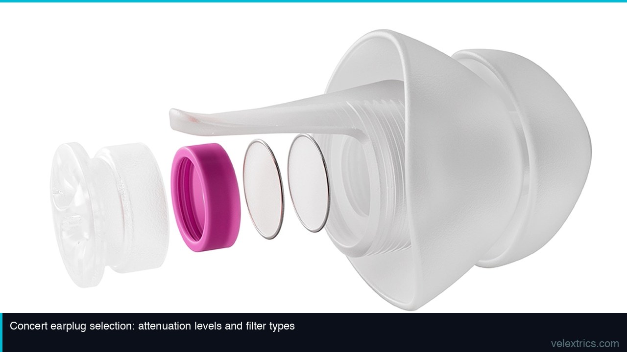 Concert earplug selection guide showing attenuation levels and filter types