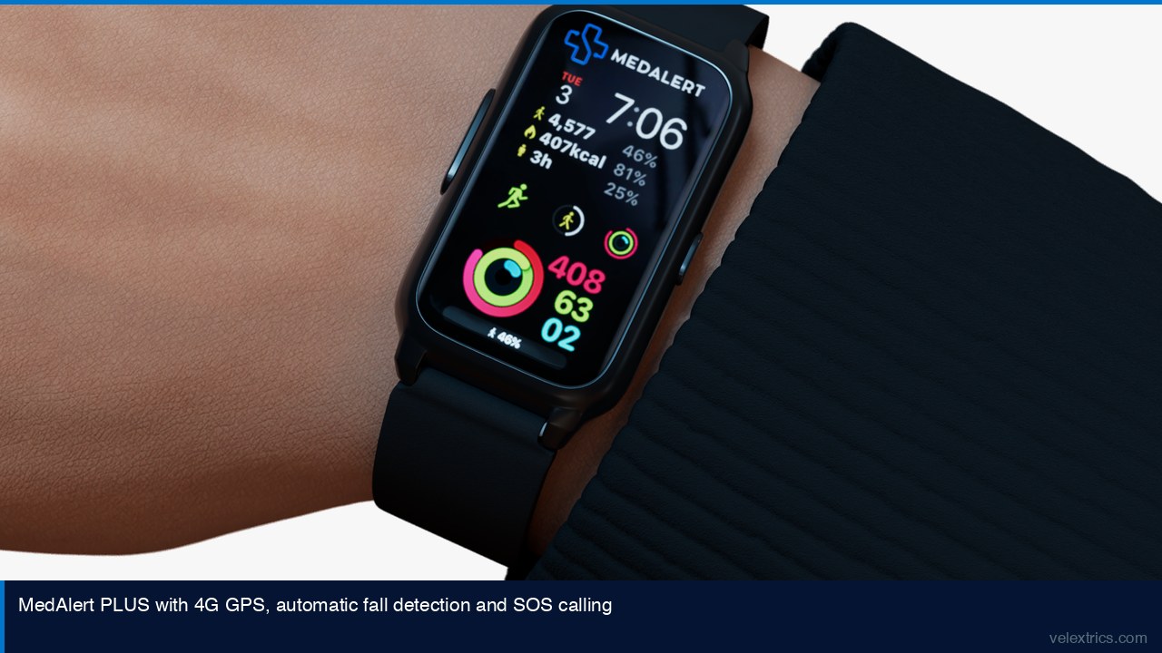MedAlert PLUS GPS medical alert watch showing fall detection and SOS button
